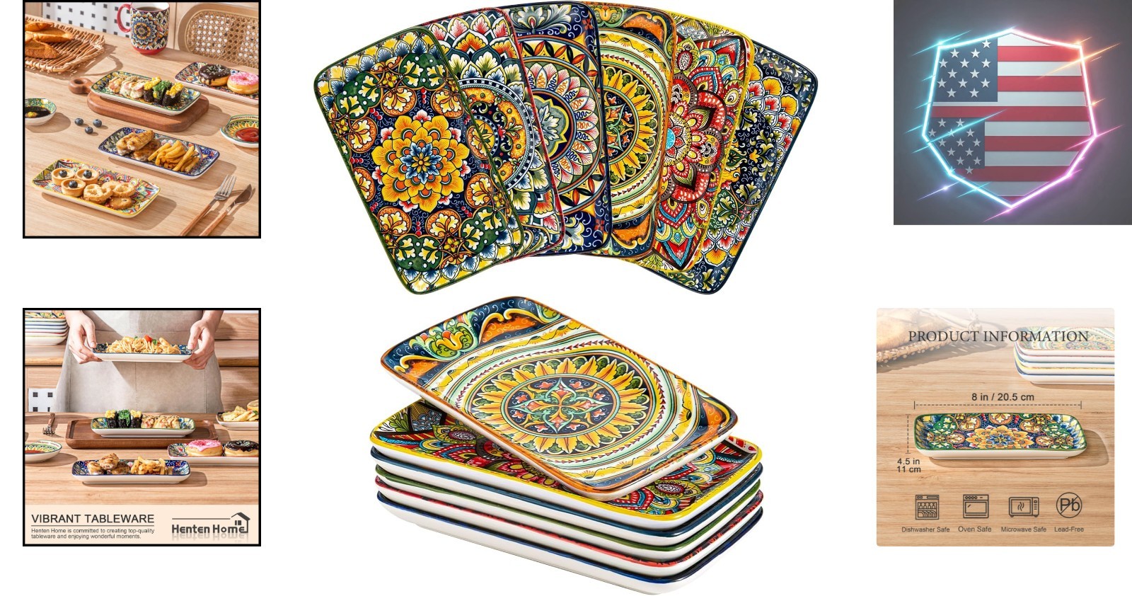 Ceramic 8 Inch Salad Plates, Rectangular Salad Plate Set of 6, Bohemian Servi…