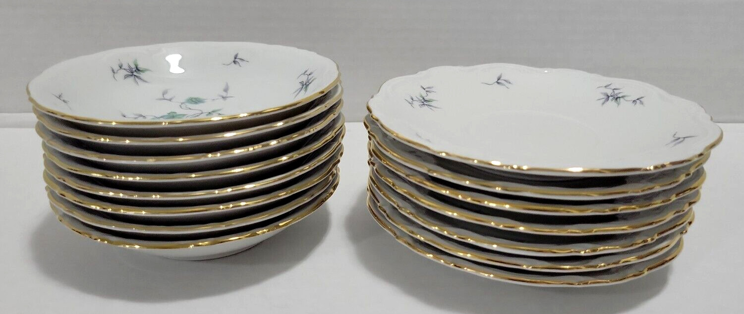 Antique 1920 Mitterteich Germany Green Ming 8 Dessert Bowls and 7 Saucer Plates
