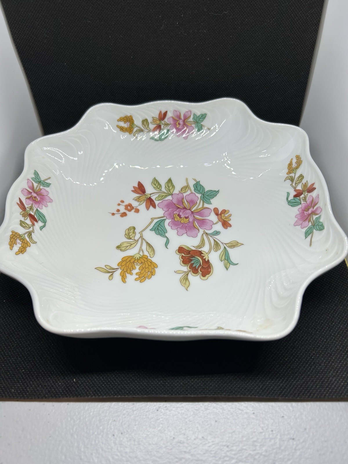 Limoges France Floral Porcelain Square Bowl White Pink Green Gold Glossy