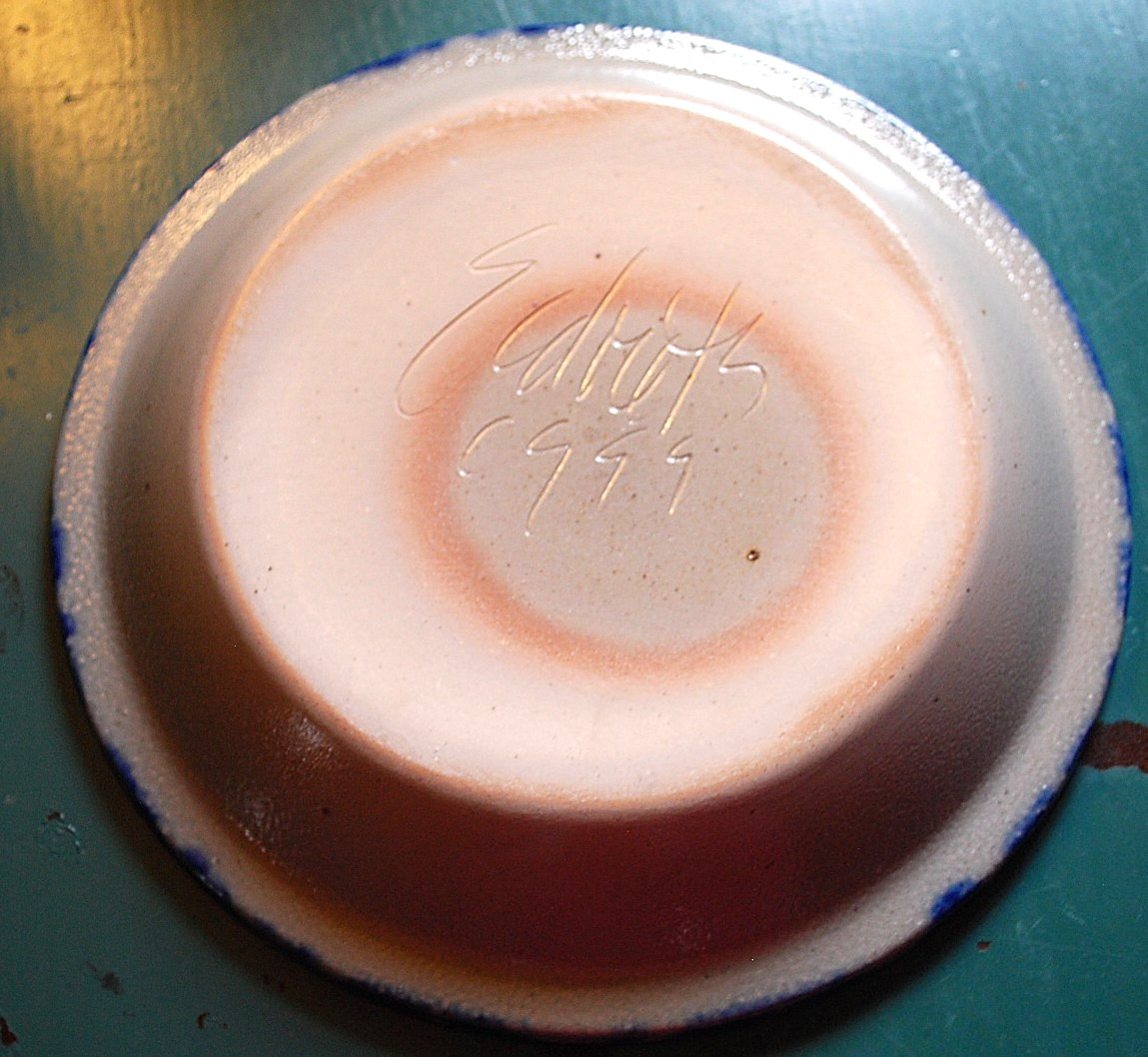 Vtg Studio Handcrafted FOLK ART Pottery Dish/Plate BLUE SALT GLAZE Signed Dated