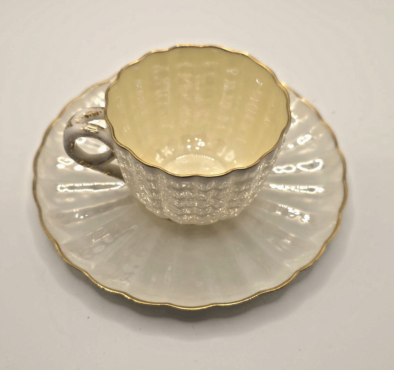 American Belleek Trenton NJ Demitasse Cup Saucer White Lustre Gold Gilt Antique