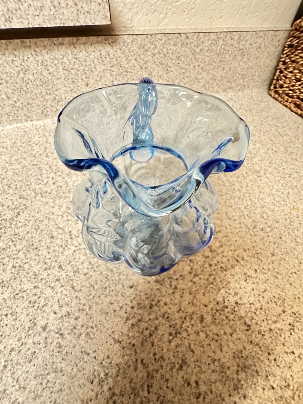 5 1/4″ Vintage FENTON DRAPERY Light Blue PITCHER w/ Crimped Rim
