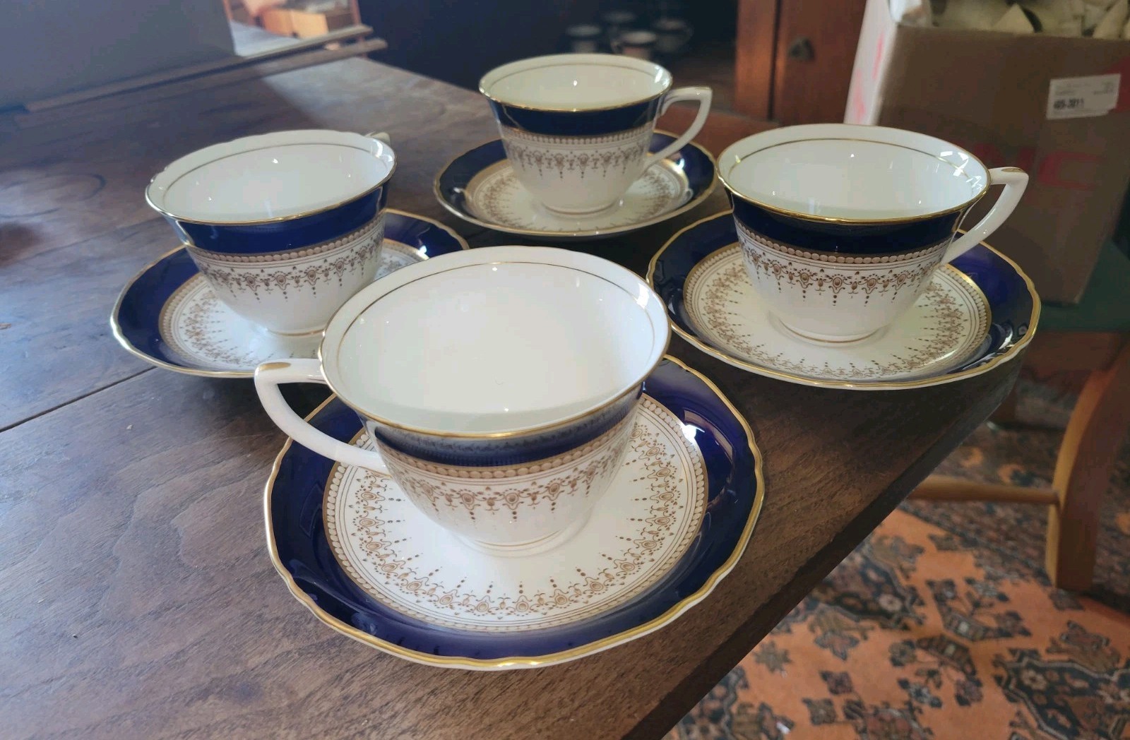 Set Of 4 ROYAL WORCESTER Fine Bone China REGENCY BLUE Tea Cups & Saucers