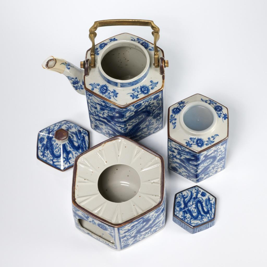 Seiryu Japan Toscany Blue Dragon Teapot Warming Stand Caddy Jar Set Lot