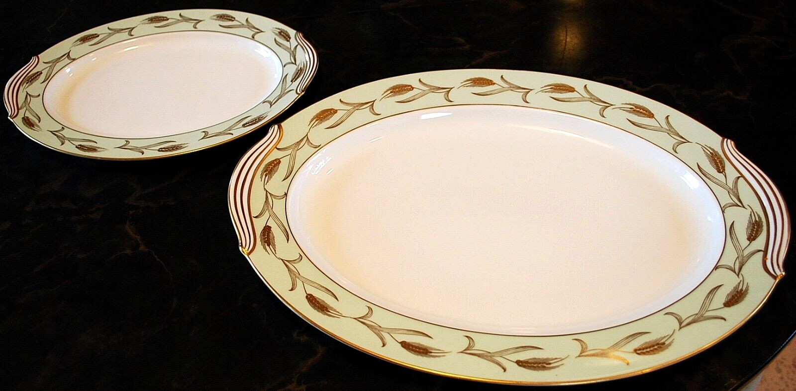Set 2 Vintage Noritake ALICE Platters 16″ & 12″ GOLD WHEAT ON AQUA BAND c1951