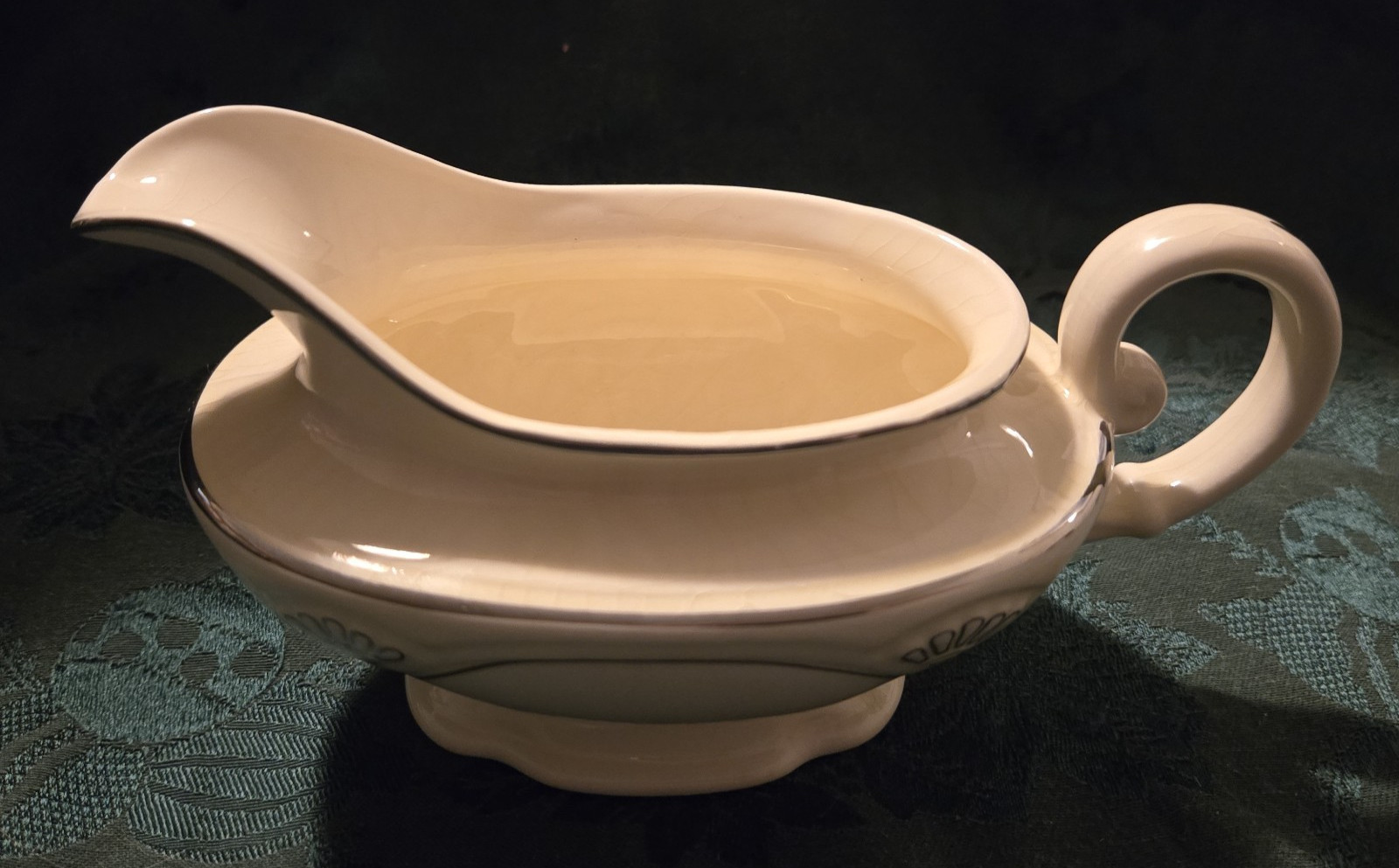 Homer Laughlin Marigold Pattern Gravy Boat with Platinum Trim