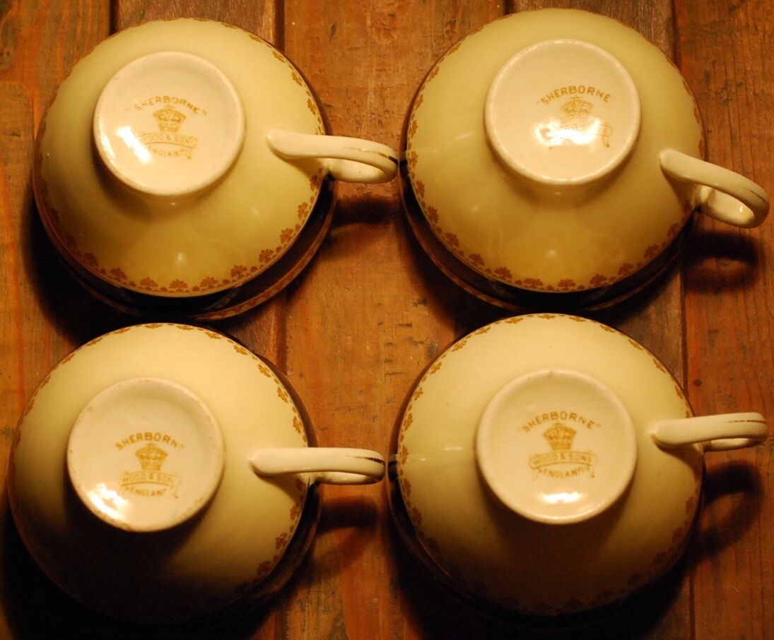 Antique Set 4 SHERBORNE FLAT TEACUPS Wood & Sons Cobalt Band Yellow/Floral Inner
