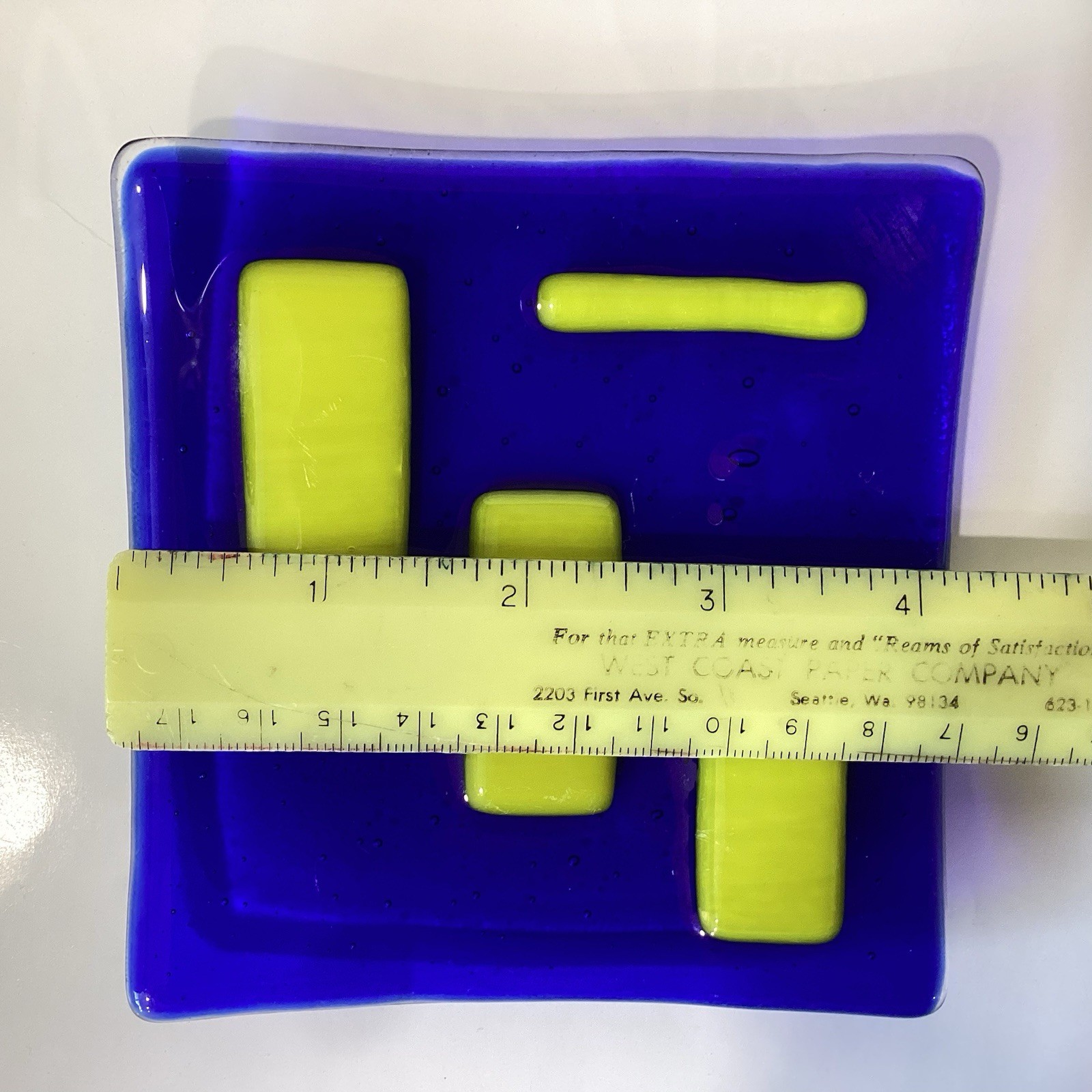 Blue Yellow Fused Art Glass Shallow Dish 4.25”x4.25” Square Curved Trinket Dish
