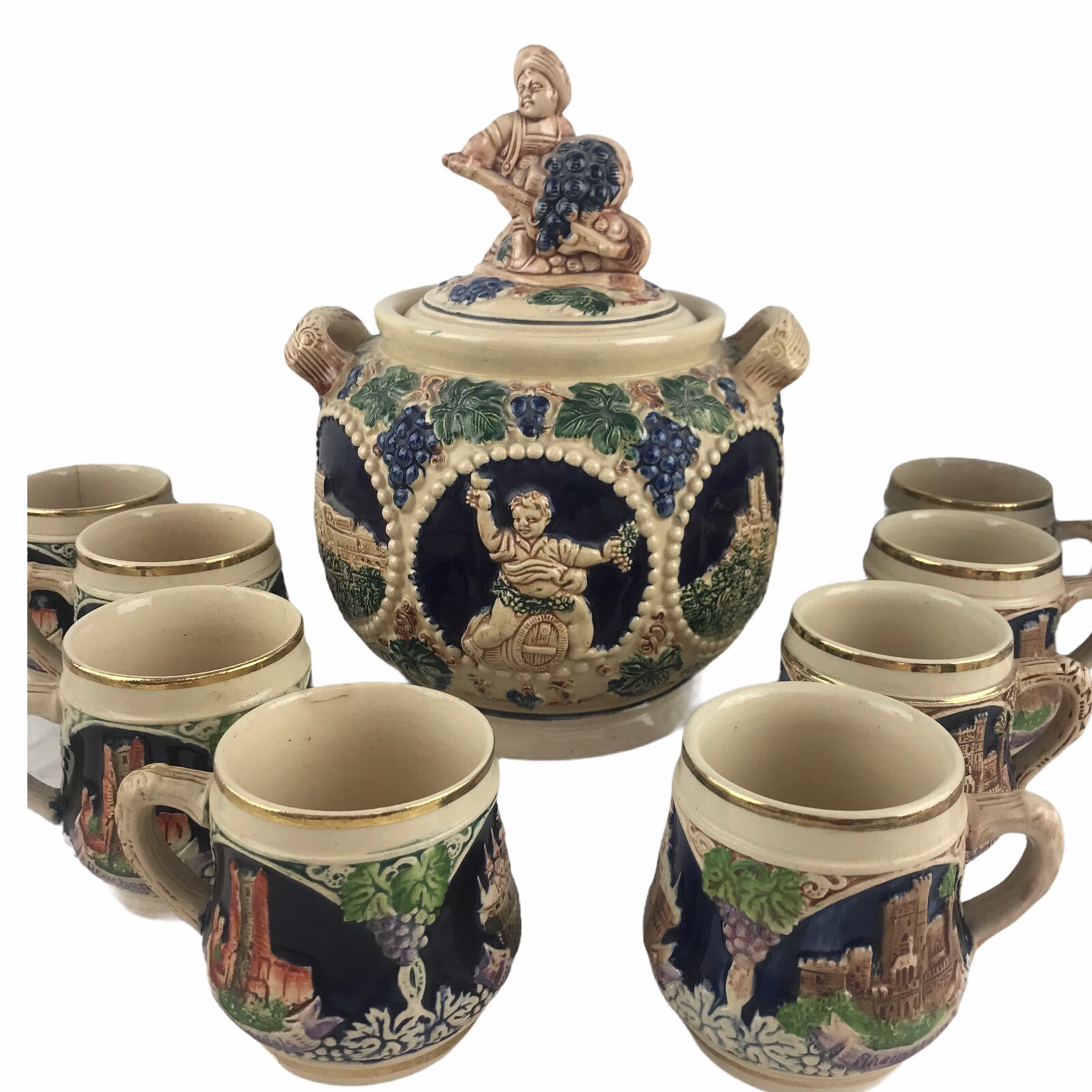 Vintage German Punch Cider Bowl Set 8 Cups Mugs Steins Castles Stoneware
