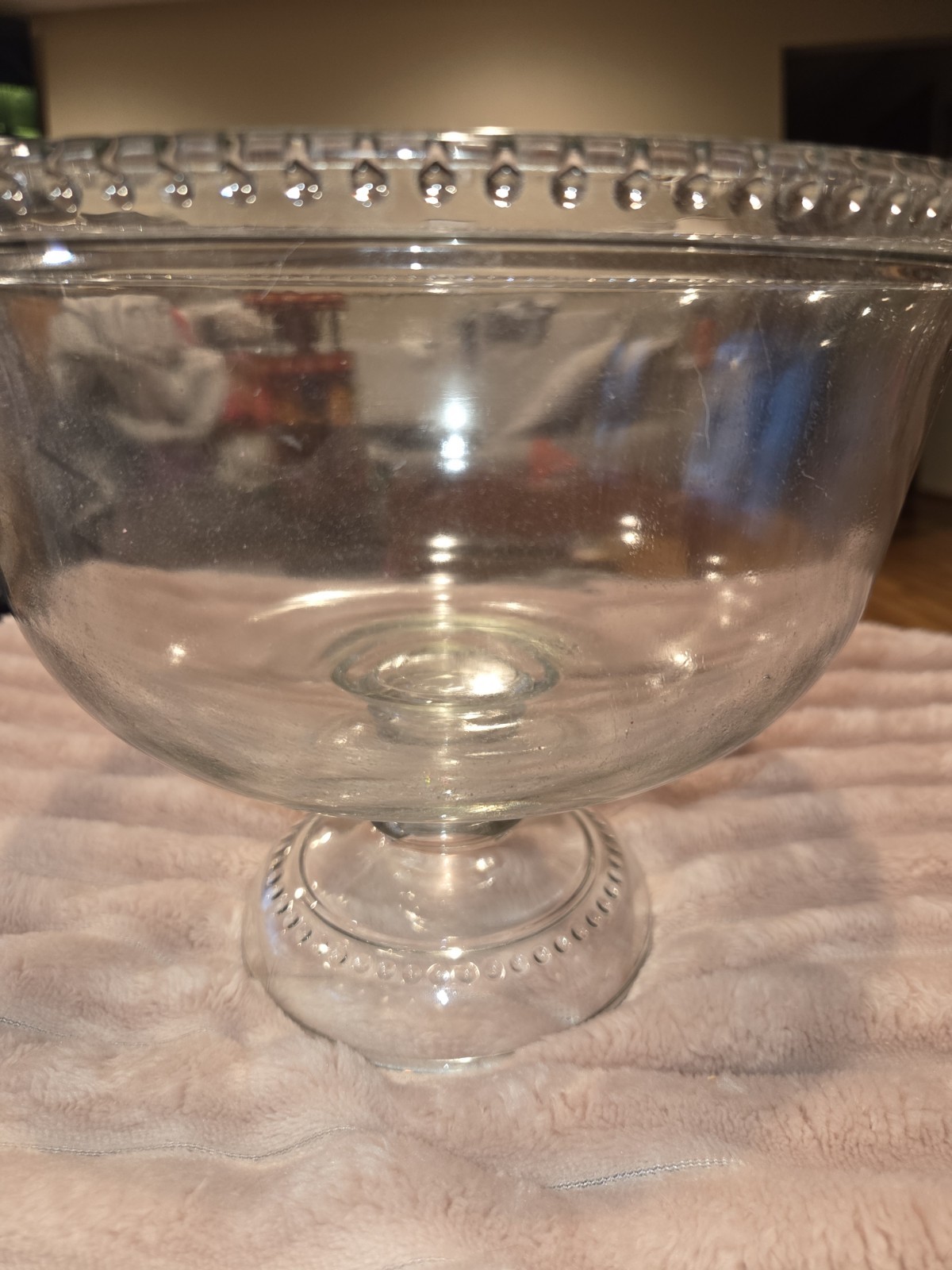 Clear Glass Pedestal Bowl Beaded Edge Round Glossy Elegant Decorative