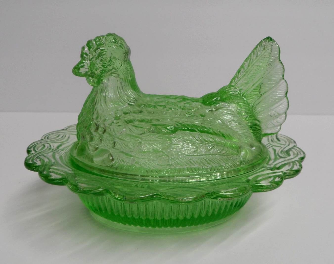 Vintage Hen on Nest Chicken Green Depression Style Glass Dish