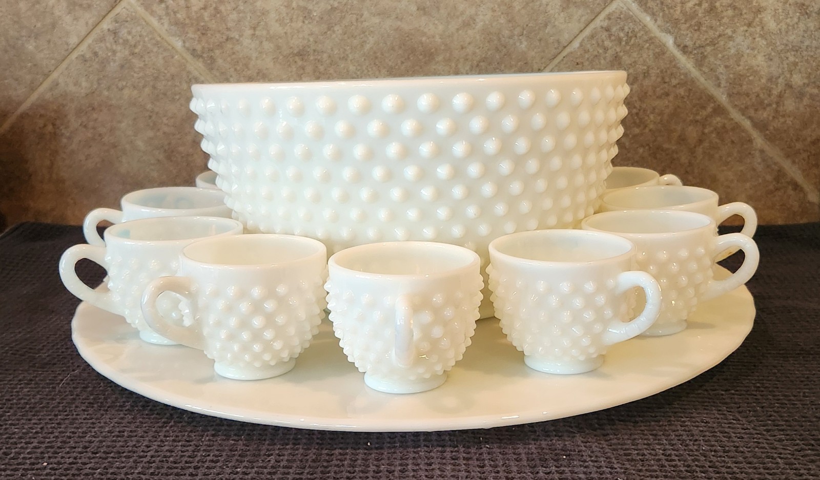 Vintage Fenton Hobnail Milk Glass Punch Bowl Set 9 Cups~