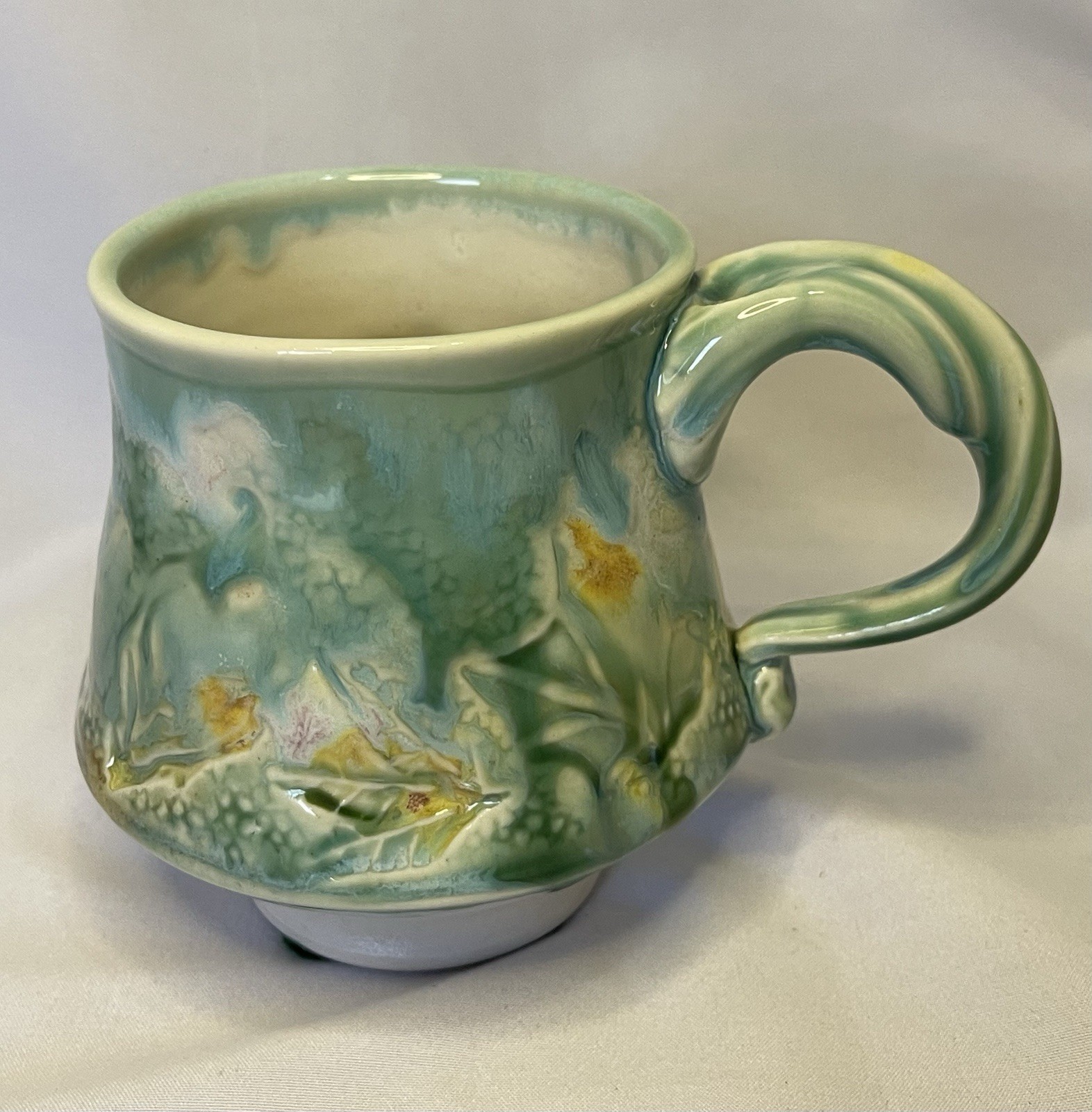 Handmade Studio Art Pottery Mug Leaf Imprint Green Drip Glaze signed by artist