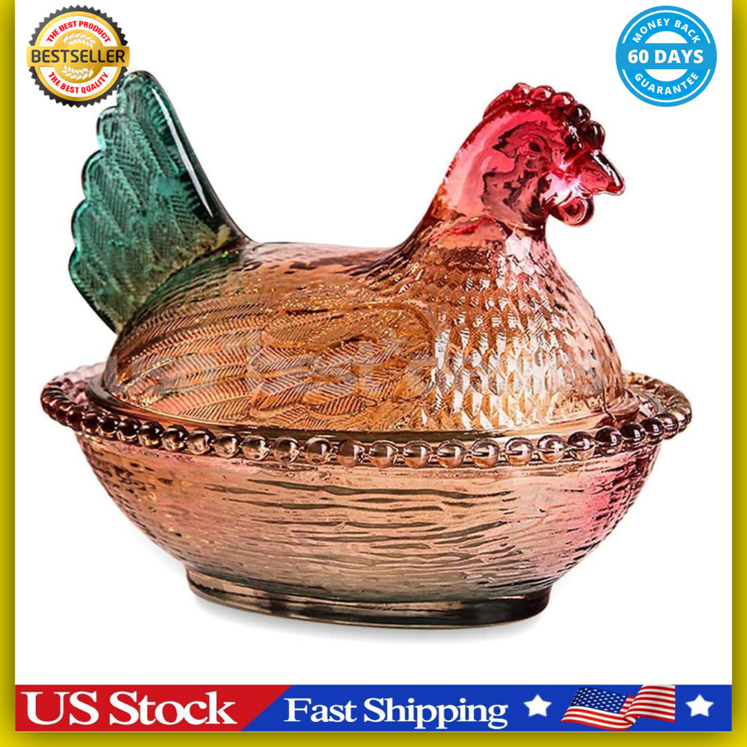 Vintage-Style Glass Hen on Nest Dish with Lid, Colorful Pedestal Candy Bowl