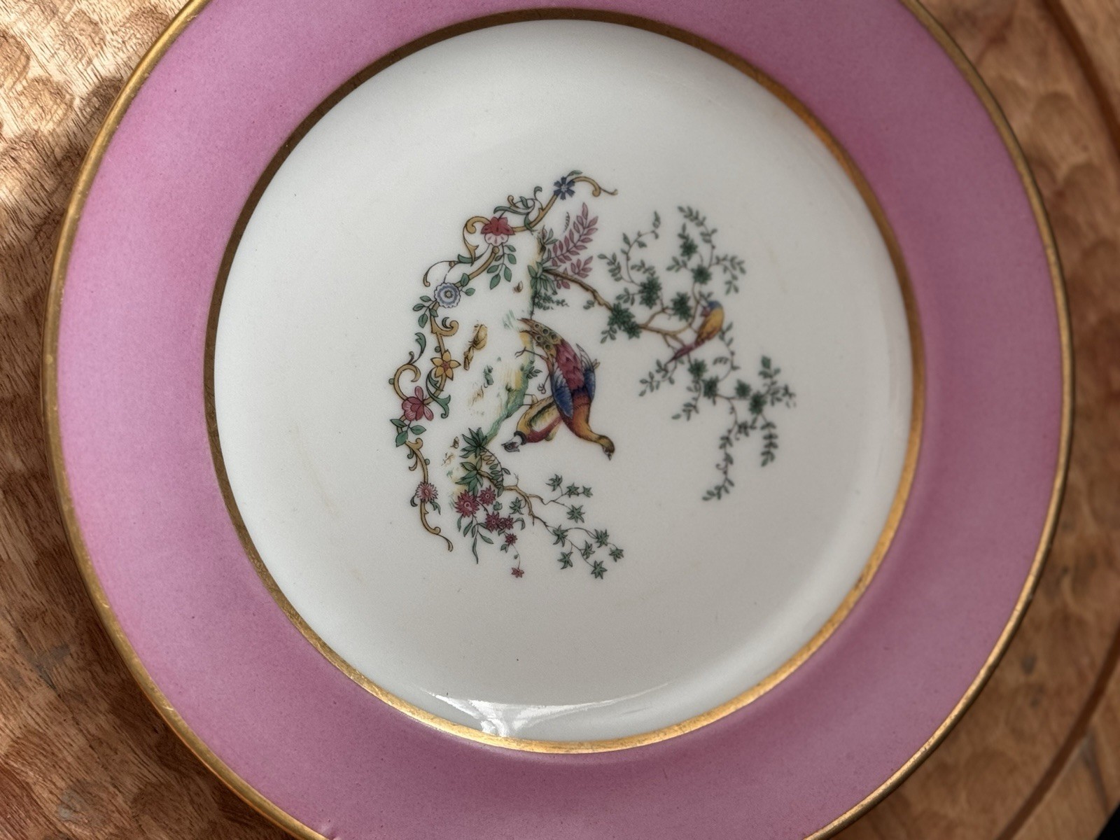 8-3/4″ Plate Ovington Bros. New York Limoges France Depose Pink Rim Chelsea Bird