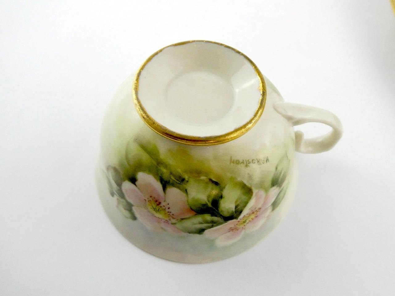 1970s Hand Painted Porcelain 4 Piece Place Setting Apple Blossoms Signed VGOOD