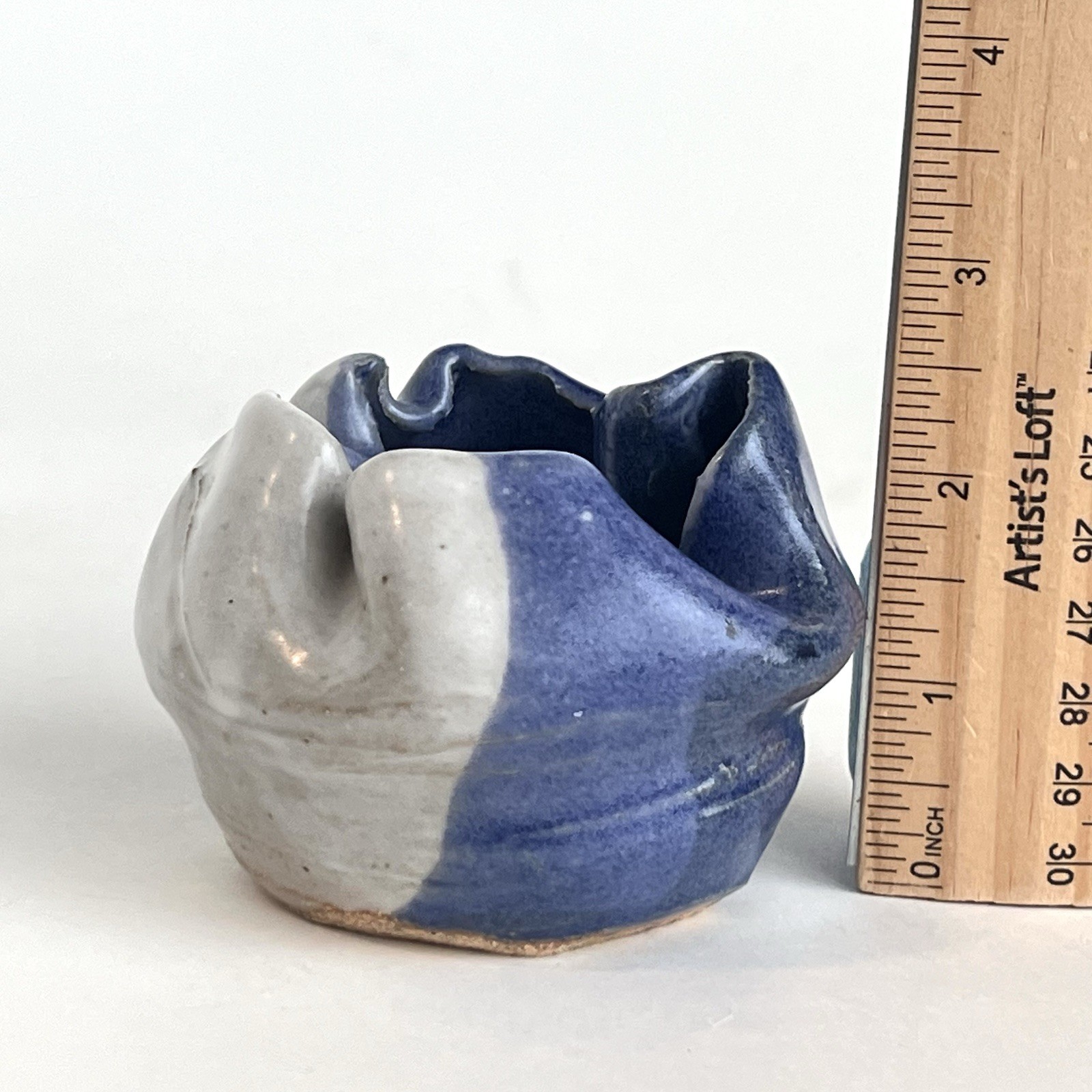 Ruffled Asymmetrical Edge Mini Art Pottery Bowl Hand Thrown Blue Gray Signed A T
