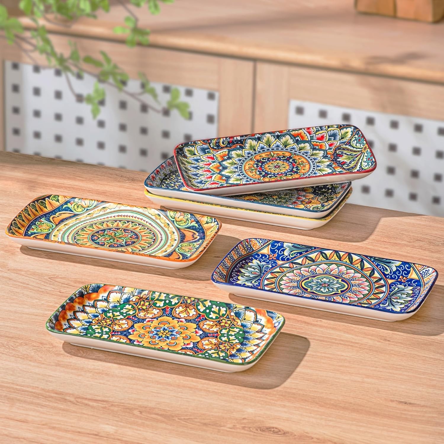Ceramic 8 Inch Salad Plates, Rectangular Salad Plate Set of 6, Bohemian Servi…