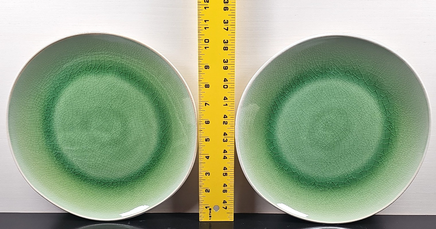 6 Roscher Crackle Glass Green Dinner Plates Set Elegant Stoneware Table Dish Lot