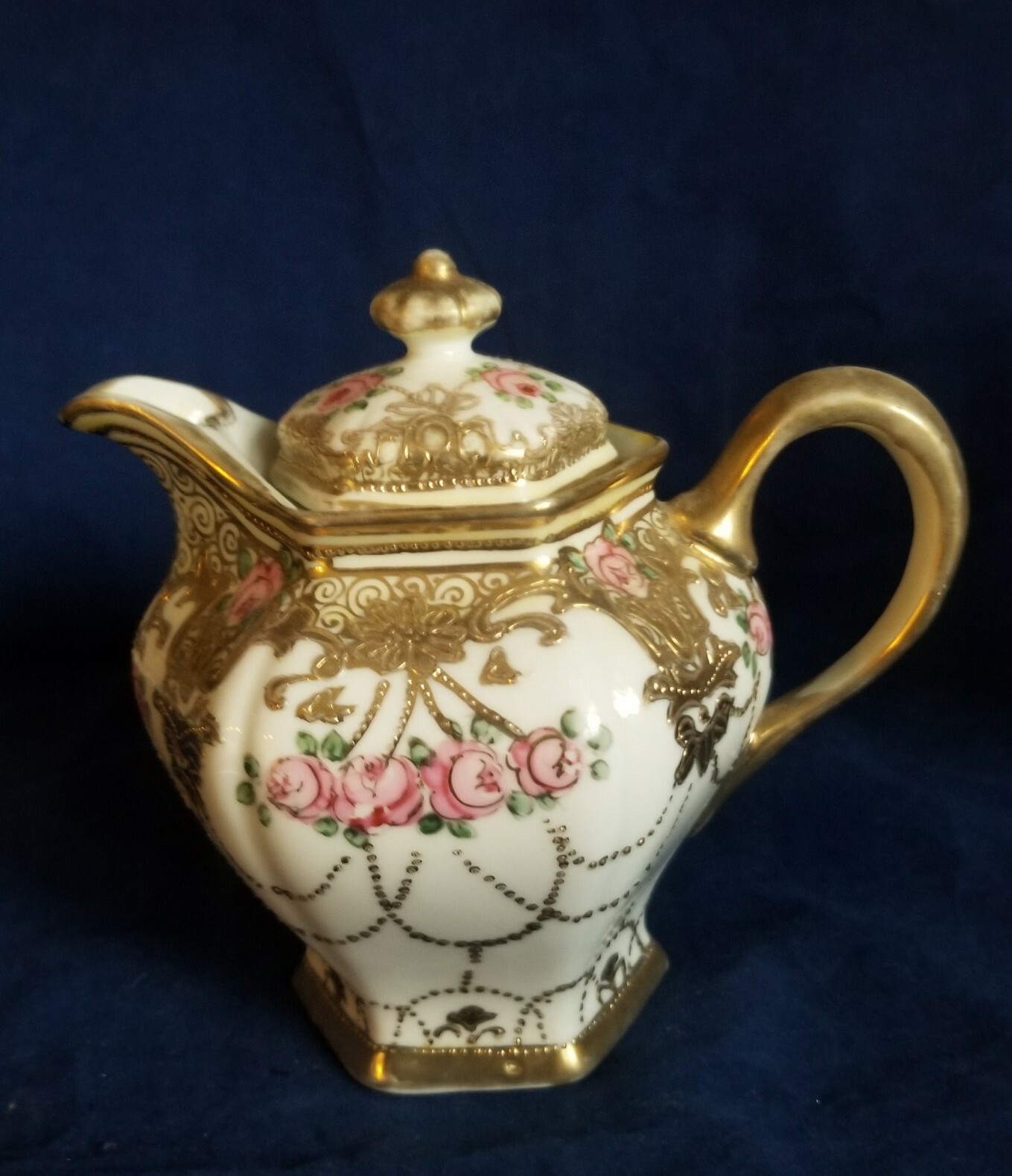 Nippon Hand Painted Pink Rose Gold Beaded & Scrollwork Pitcher C. 1891 – 1911