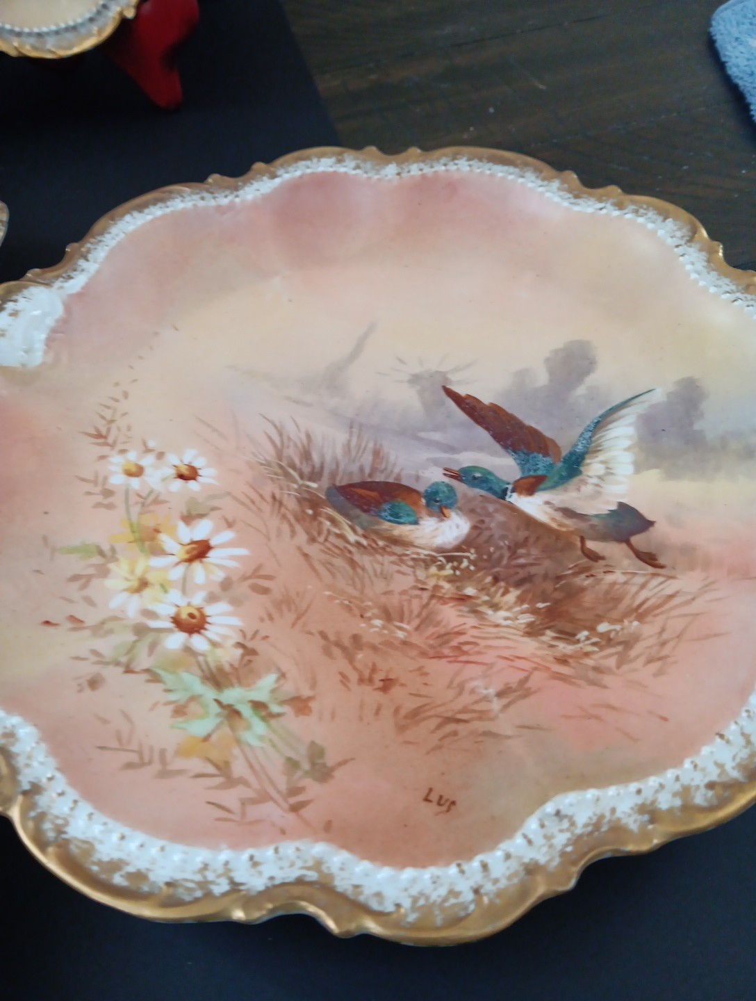 11 Antique 1906 Limoge Game Plate Set Coronet Signed LUC Sauce Bowls HP