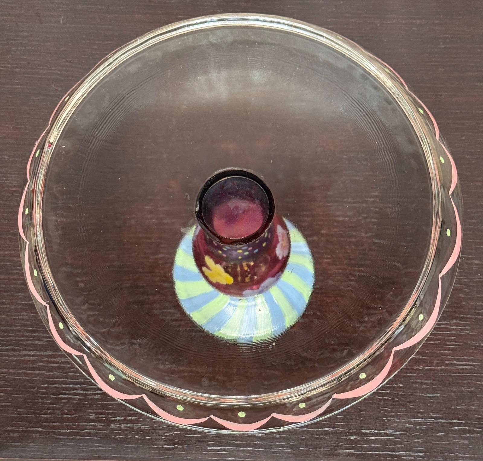 MacKenzie-Childs Glass Cake Stand Pedestal Plate Floral Courtly Check 9.5″