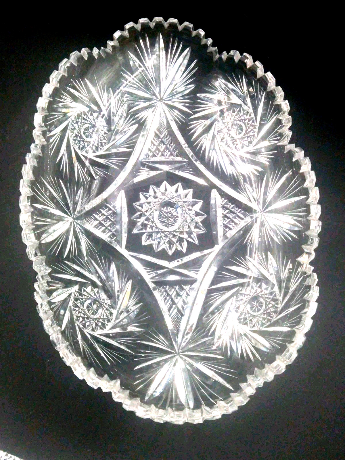 Antique American Brilliant ABP cut crystal Oval bowl Dish swirling star 12″