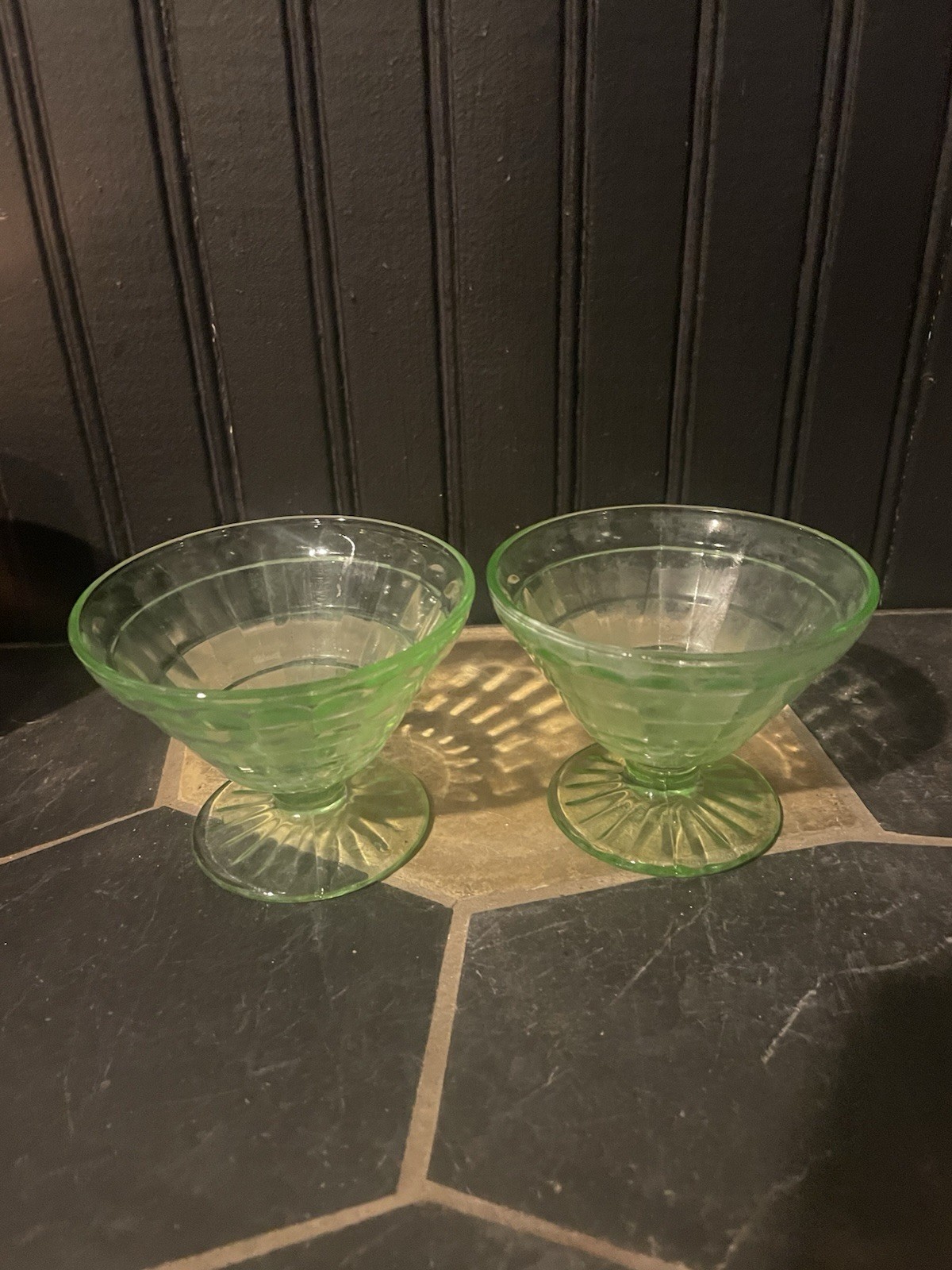 anchor hocking block optic uranium glass Set Of Two Sherbet Dessert Cups