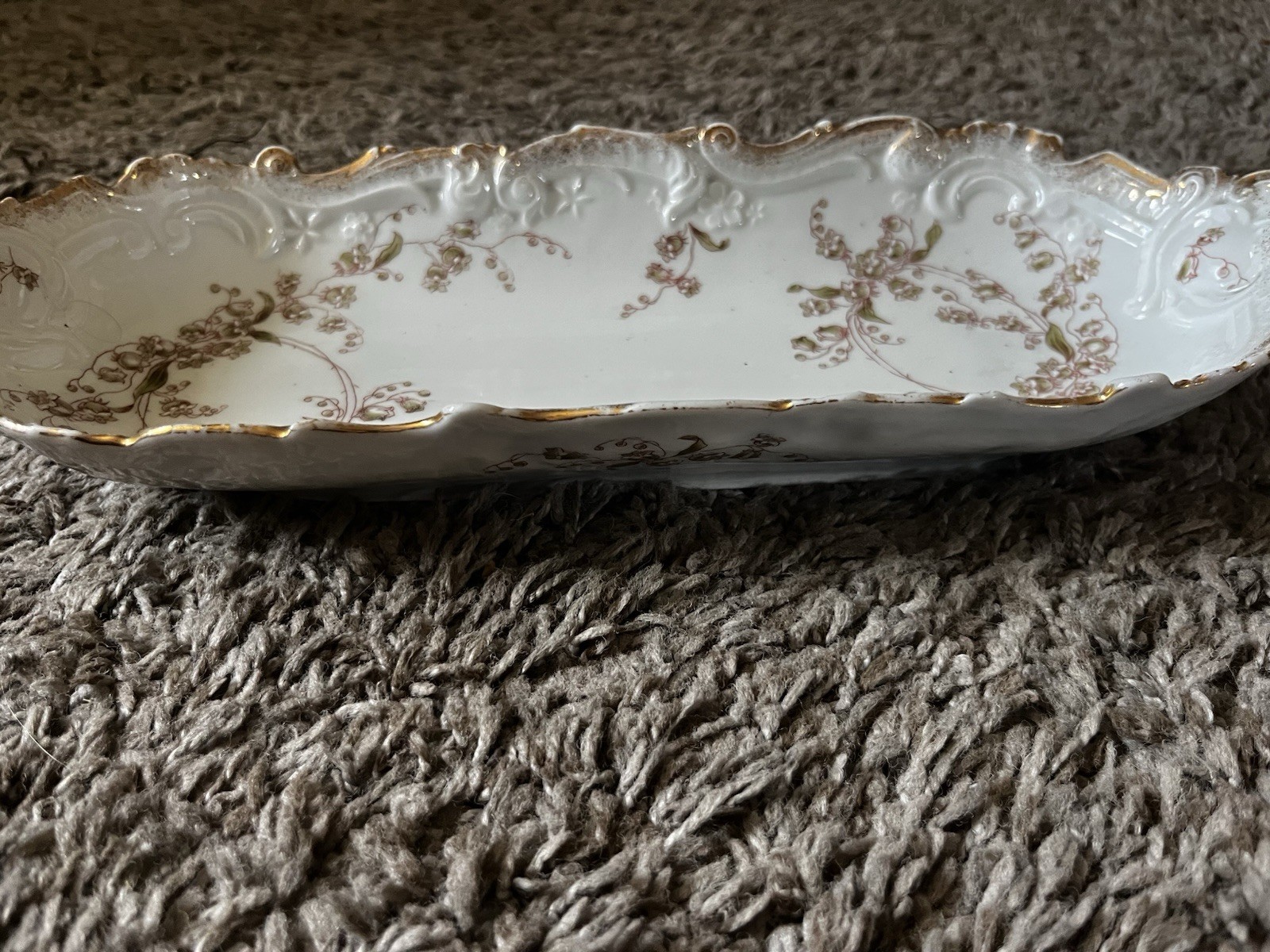 Antique Porcelain Floral Oval Platter 13 in White Pink Green Gold Trim pretty!