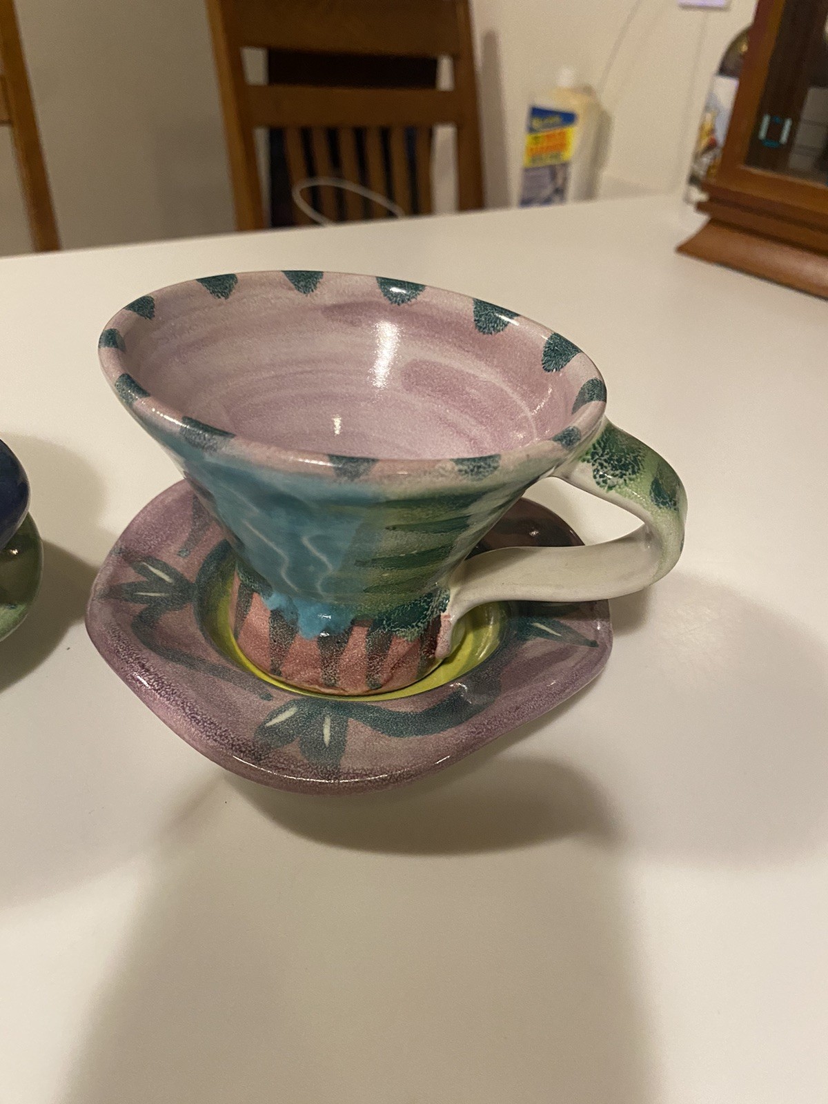 McKenzie Child Inspired Studio Pottery Cups & Saucers Handmade Signed Set Of 2
