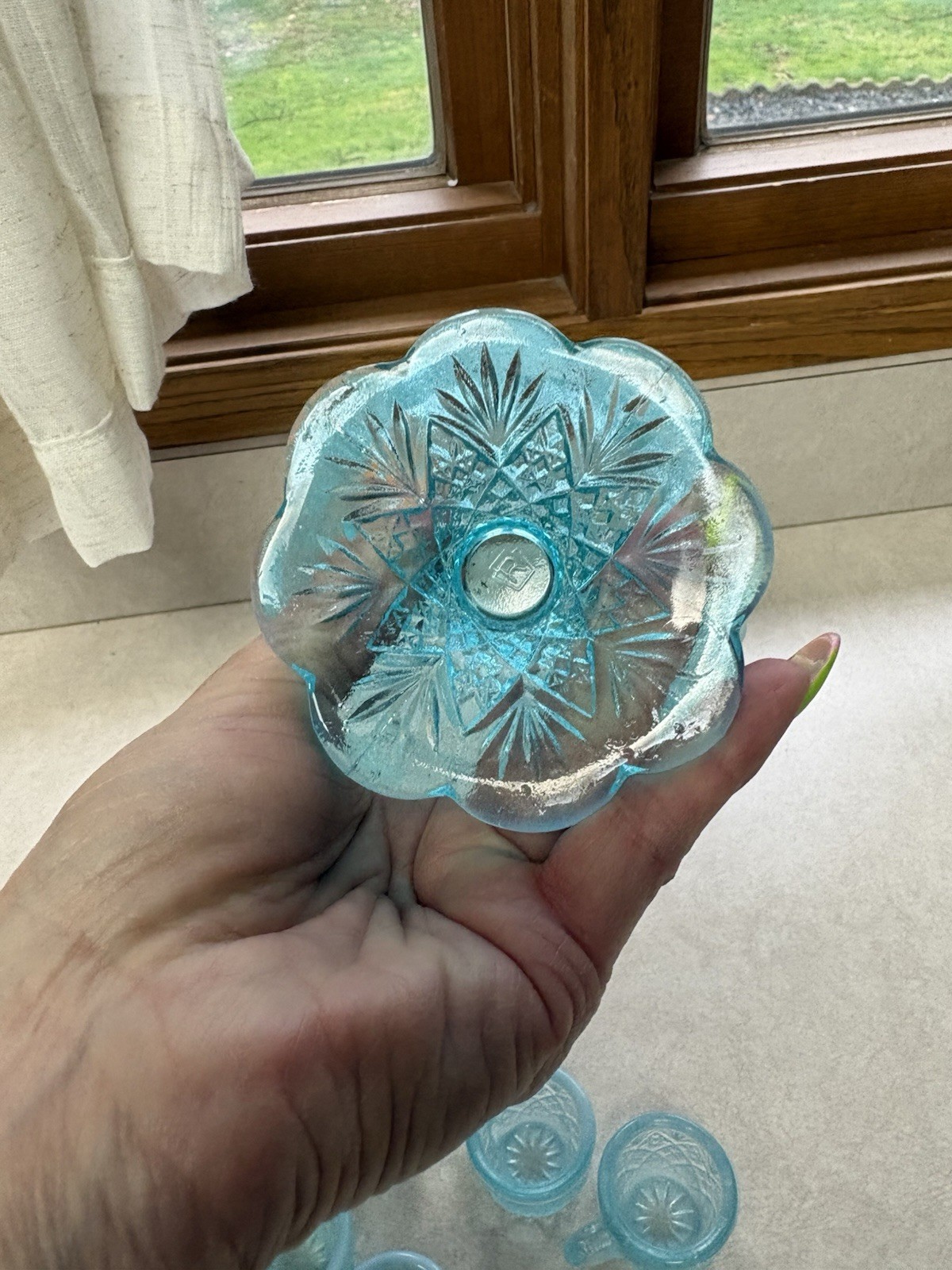 Westmoreland File and Fan Blue Opalescent Mini Punch Bowl Set 6 Mugs Glows