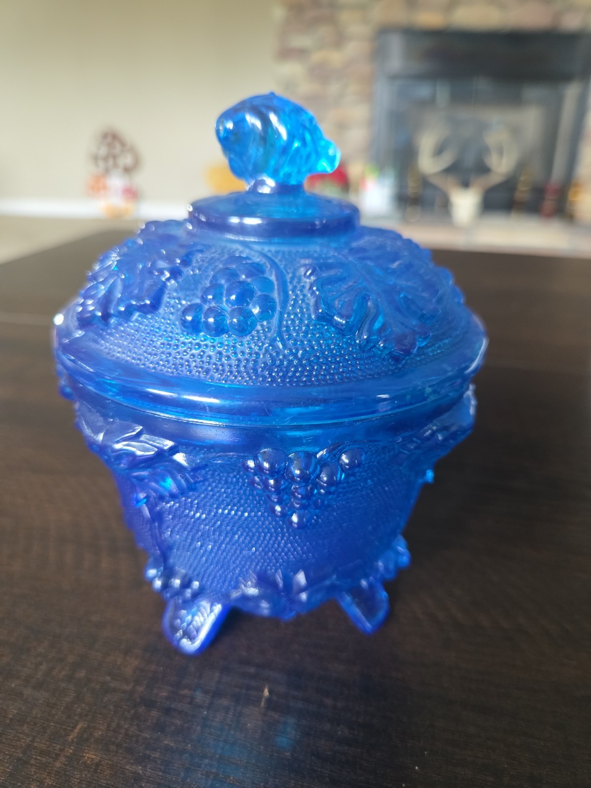 VTG 1950s Jeanette Glass Footed Covered Cobalt Blue Candy Dish Grape Leaf