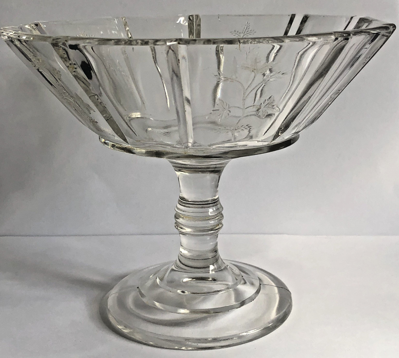 Bryce Higbee Indian Tree Paneled Glass Pedestal Compote 5.5″ EAPG Sprig Pattern