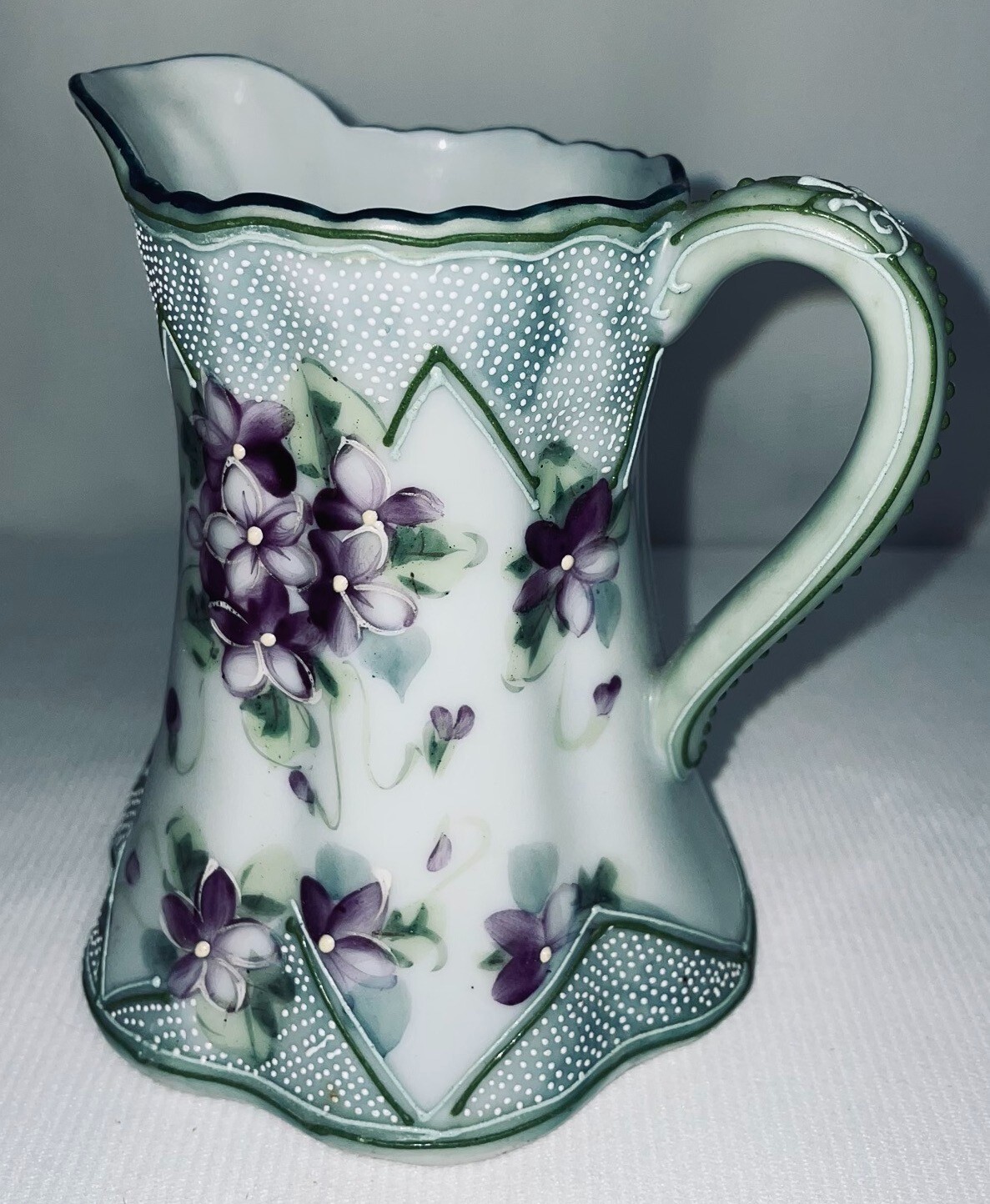 Porcelain Hand Painted Beaded Creamer 1800’s. 5 1/2 Inches High