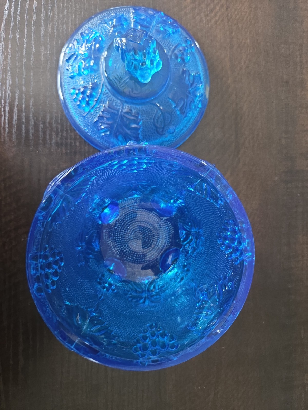 VTG 1950s Jeanette Glass Footed Covered Cobalt Blue Candy Dish Grape Leaf
