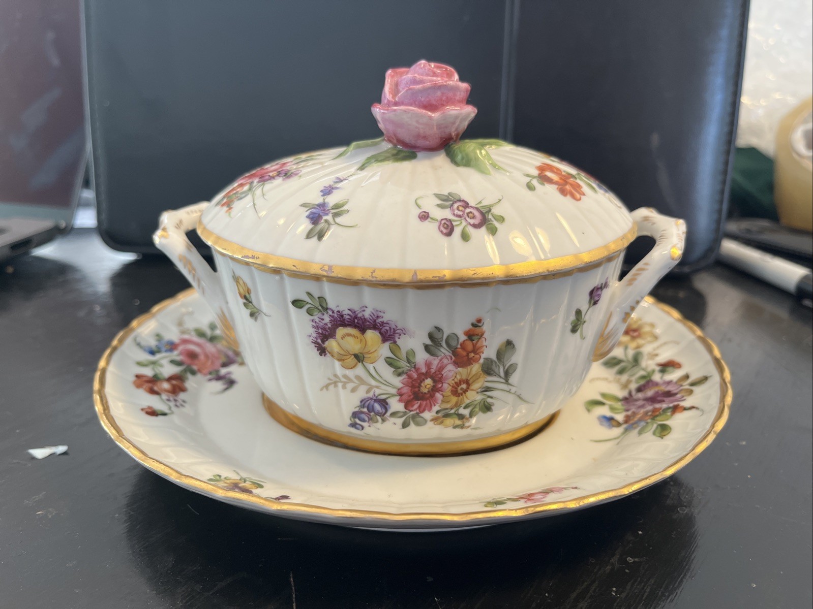 Antique Schierholz (Plaue) Handle Lidded Box with Saucer – Circa 1905 Two Piece