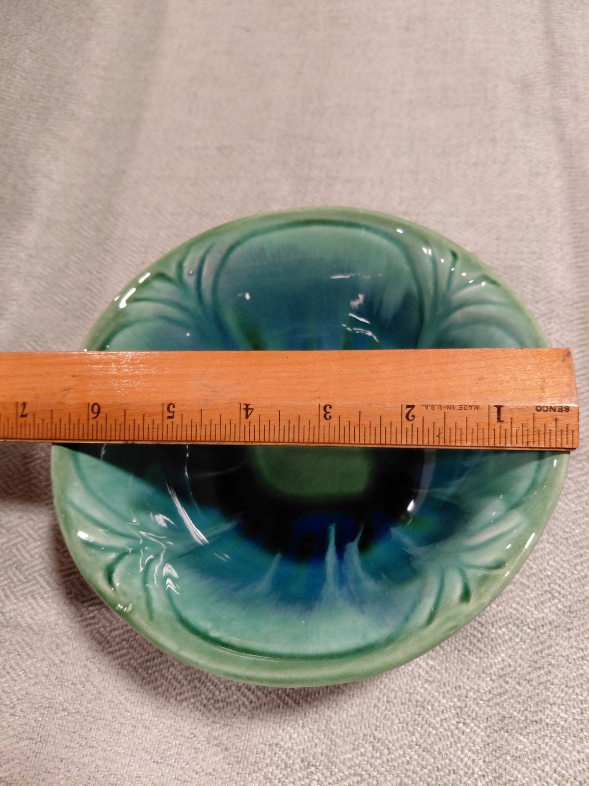 California Pottery 273 USA Green & Blue floral drip glaze bowl MCM