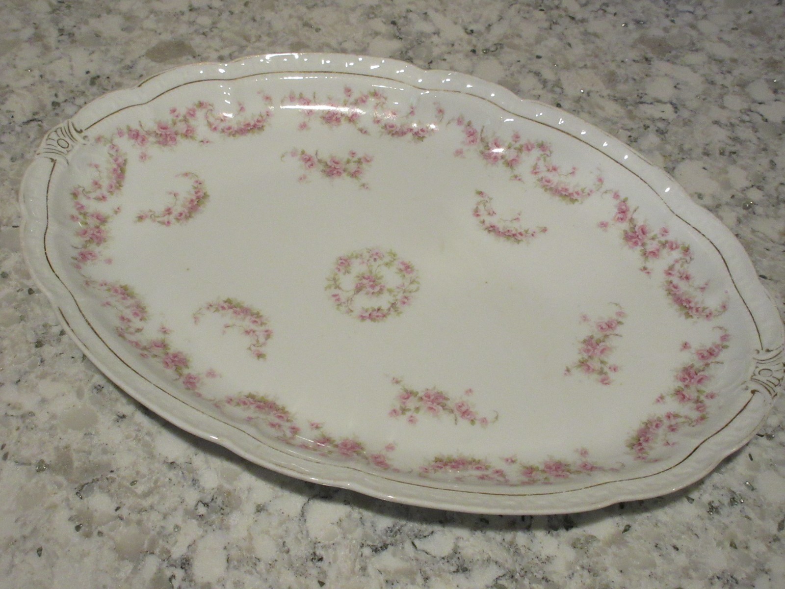 ANTIQUE ROSE GARLAND CHINA SERVING PLATE PLATTER 15″ X 10 1/4″