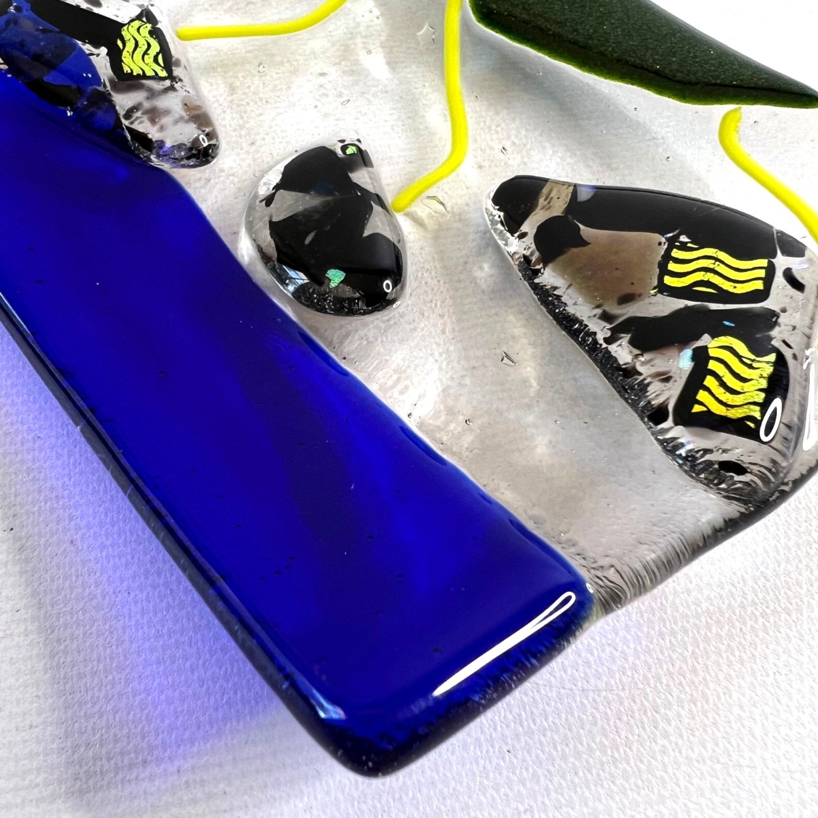 Small Fused Glass Trinket Jewelry Soap Dish Cobalt Black Yellow 4.5×4.5
