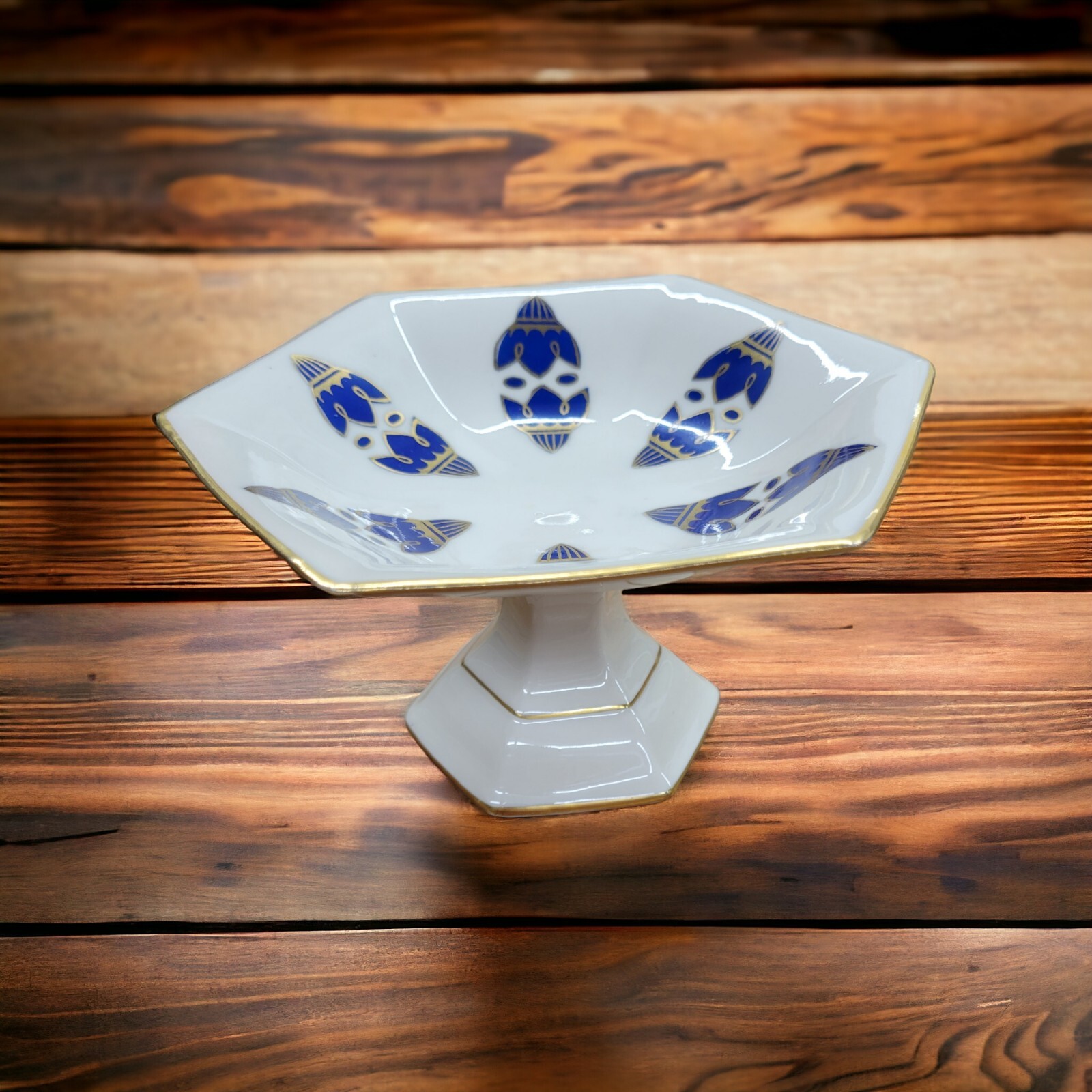 VTG Royal RS Silesia Porcelain Hexagon Pedestal Dish Art Deco White Blue Gold