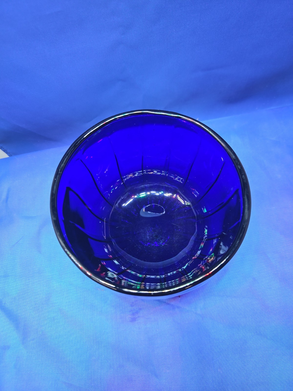 Vintage Hand Blown Cobalt Blue Glass Ribbed Bowl Pontil Base Art Glass