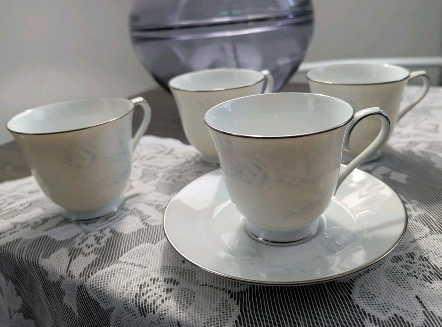 Noritake Virtue Tea Cup and Saucer Platinum Trim White & Blue Japan 2934 Vintage