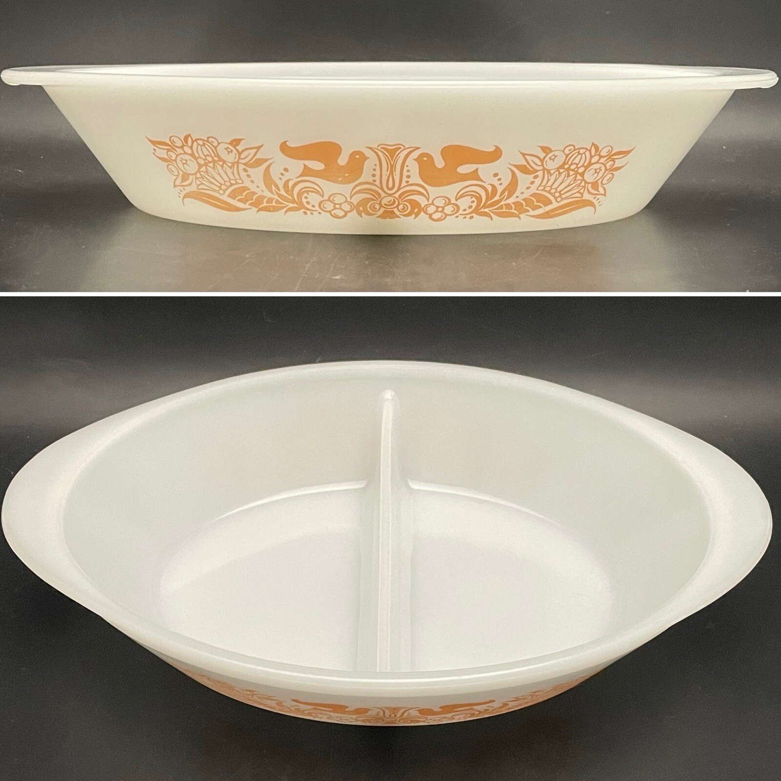 Glasbake Love Birds J-2352 Peach Oval Divided Casserole Dish Made in USA