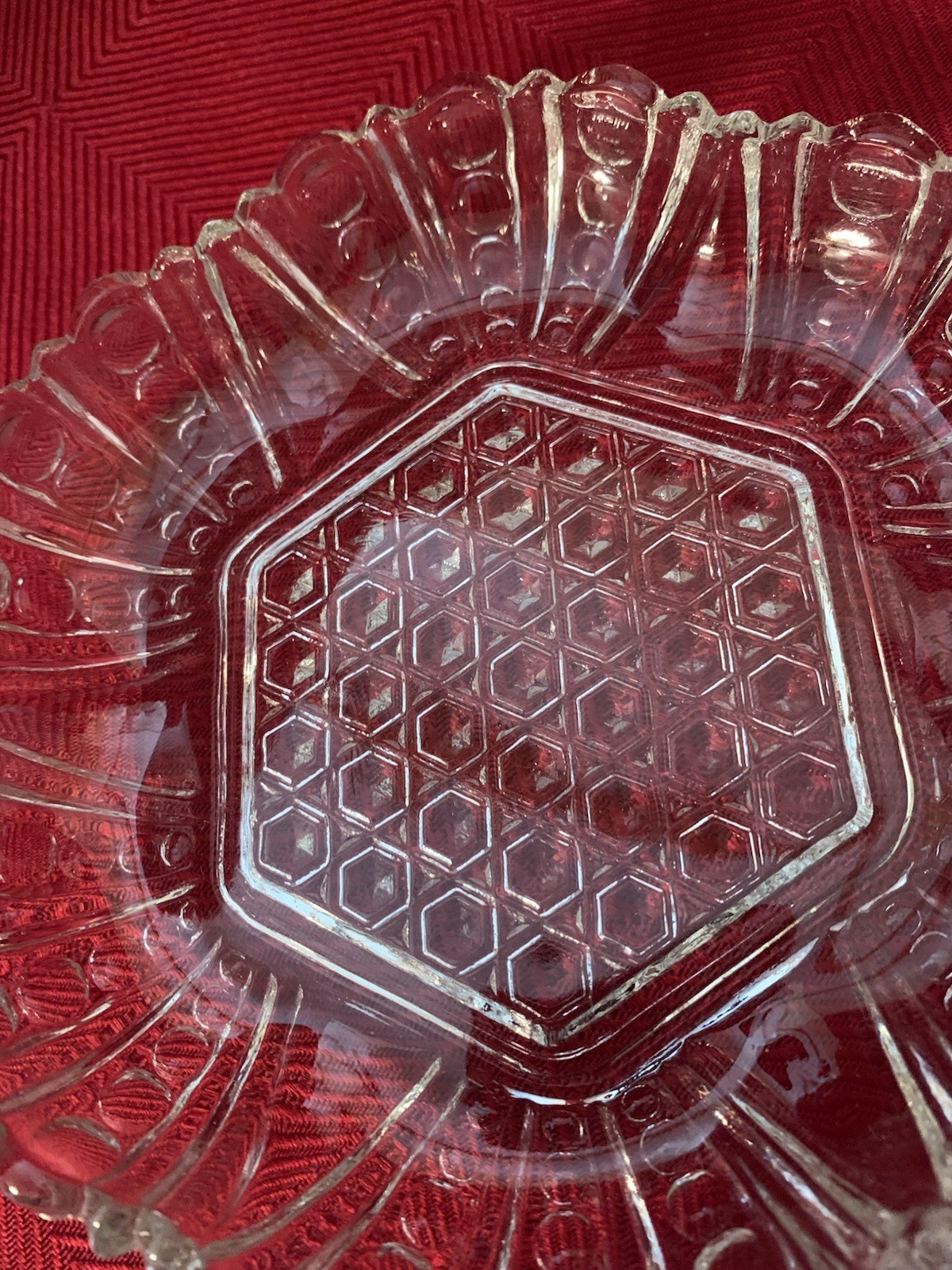 Anchor Hocking Clear Glass Vintage Dish with Hexagon and Dot & Cane Pattern 7.5”