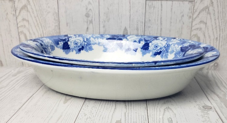 Blue Enoch Woods Ware English Scenery 2 Nesting Oval Serving Bowls Transferware