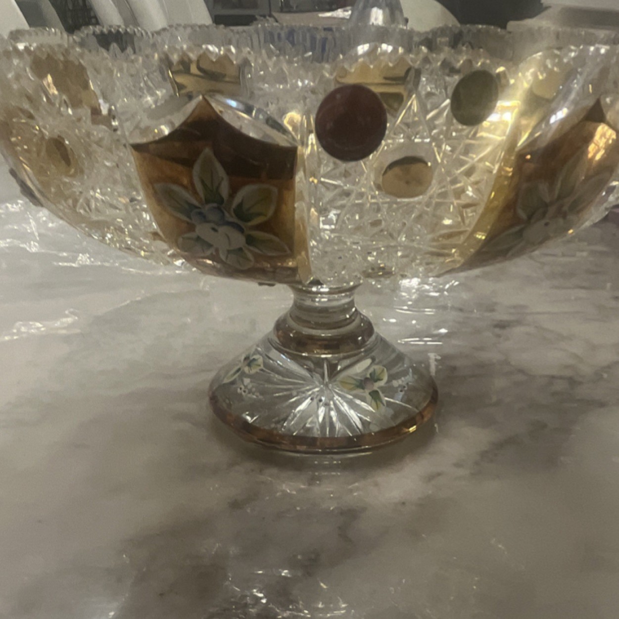 cut glass decorative pedestal bowl floral gold round glossy finish