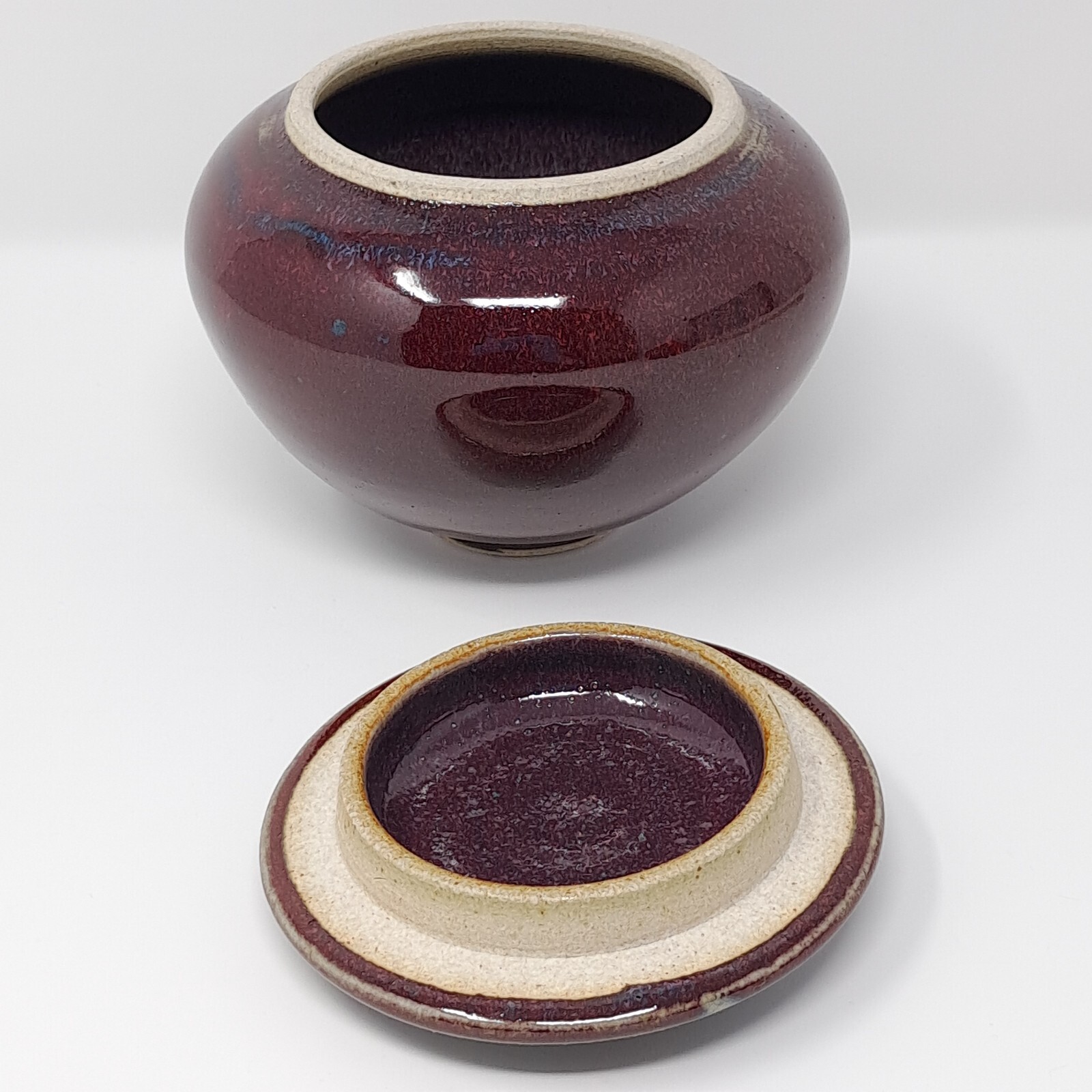 Stoneware Pottery Jar w/ Lid onion shape Deep Red w/ Blue signed