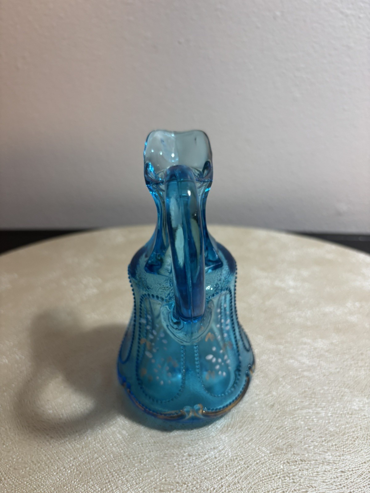 BEAUTIFUL CORNFLOWER BLUE COLORED GLASS HANDLED CRUET 1905 ERA hand painted