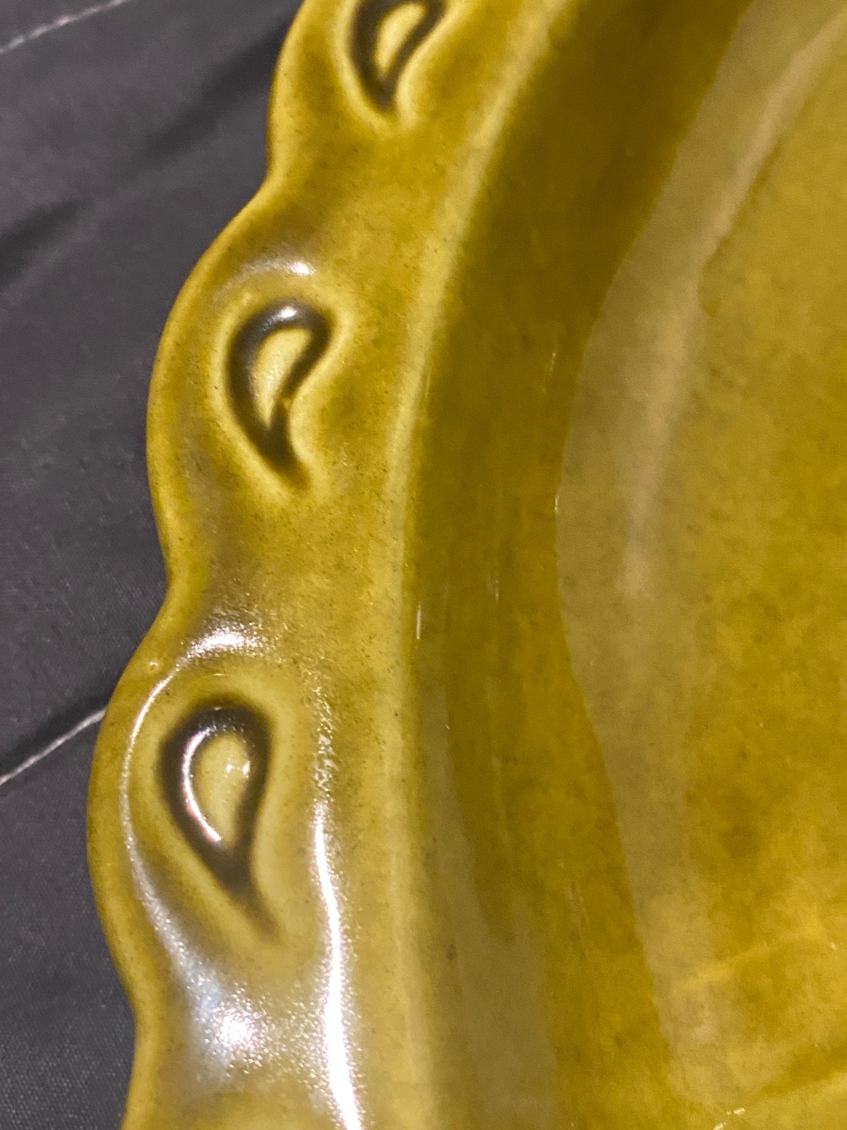 Vintage USA Pottery 48 Olive Green Scalloped Pierced Rim Bowl Mid Century Modern