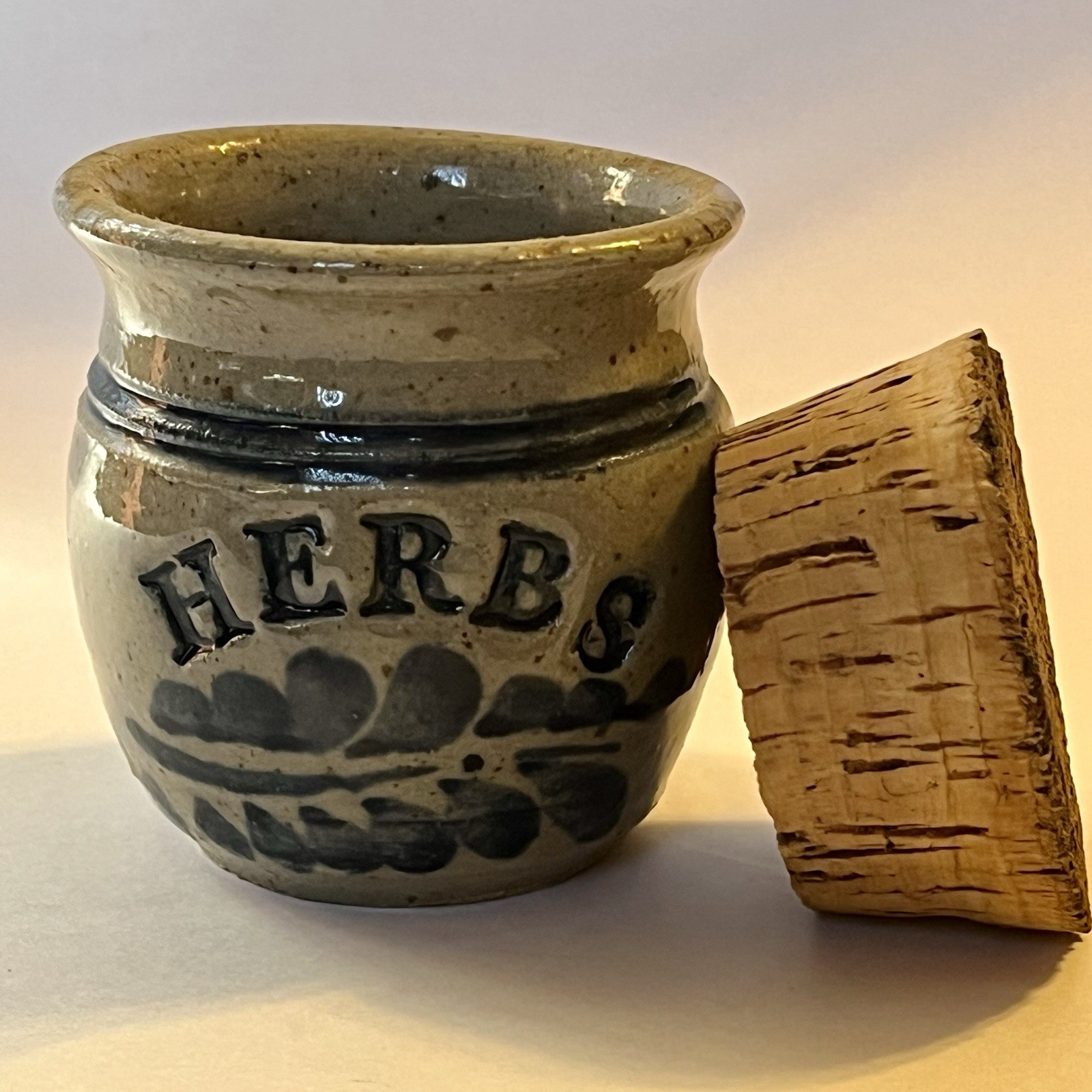 Westerwald Salt Glaze Stoneware HERBS Spice Jar w/ Cork Vintage Signed 3⅛” H- PA